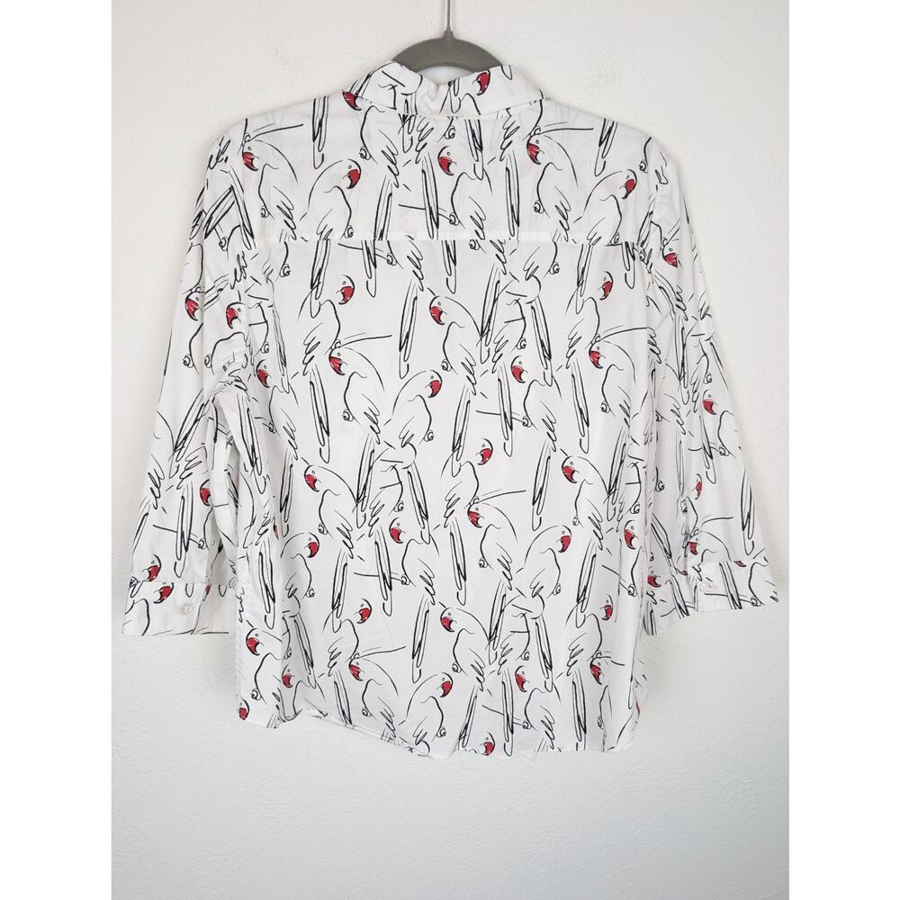 Chicos Top Amazon Parrots Print Tie Front Popover Alabaster Novelty White Size M - Picture 4 of 10